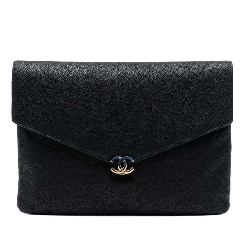 Chanel Paris Cuba Quilted Caviar Thread Around Envelope Clutch Black Leather Good condition - Front View