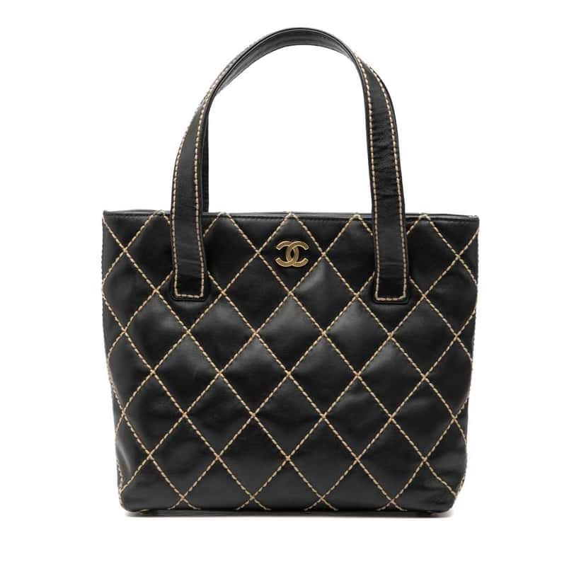 Chanel Small CC Quilted Calfskin Wild Stitch Tote Black Leather Good condition - Front View