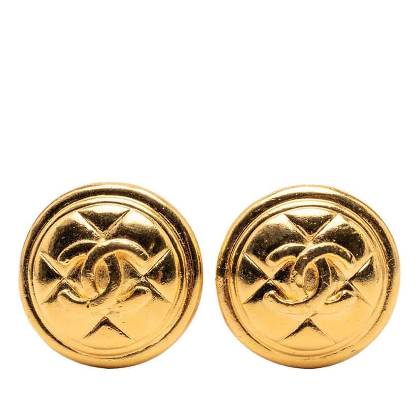Chanel Gold Plated CC Quilted Round Clip On Earrings Gold Metal Good condition - Front View