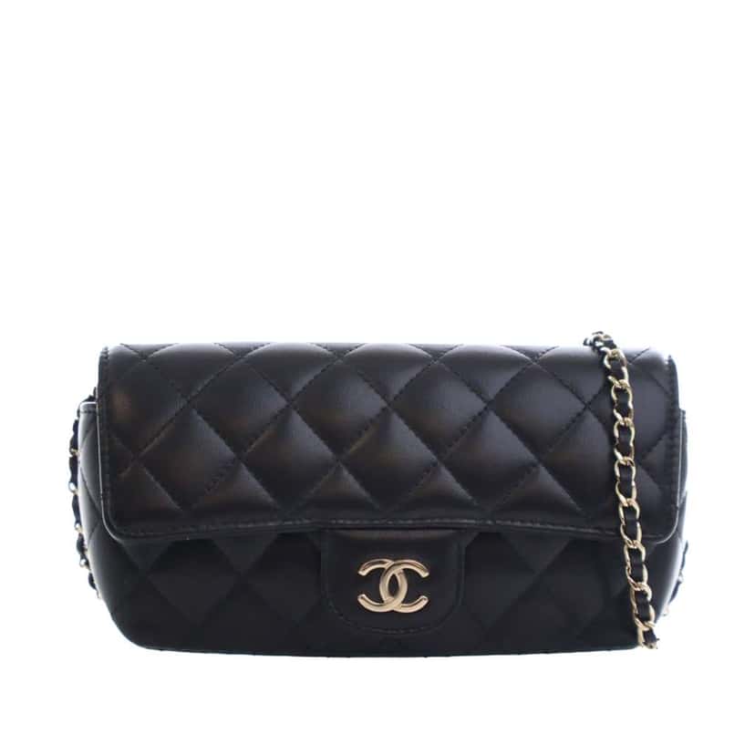 Chanel Quilted Lambskin Classic Glasses Case on Chain Black Leather Good condition - Front View