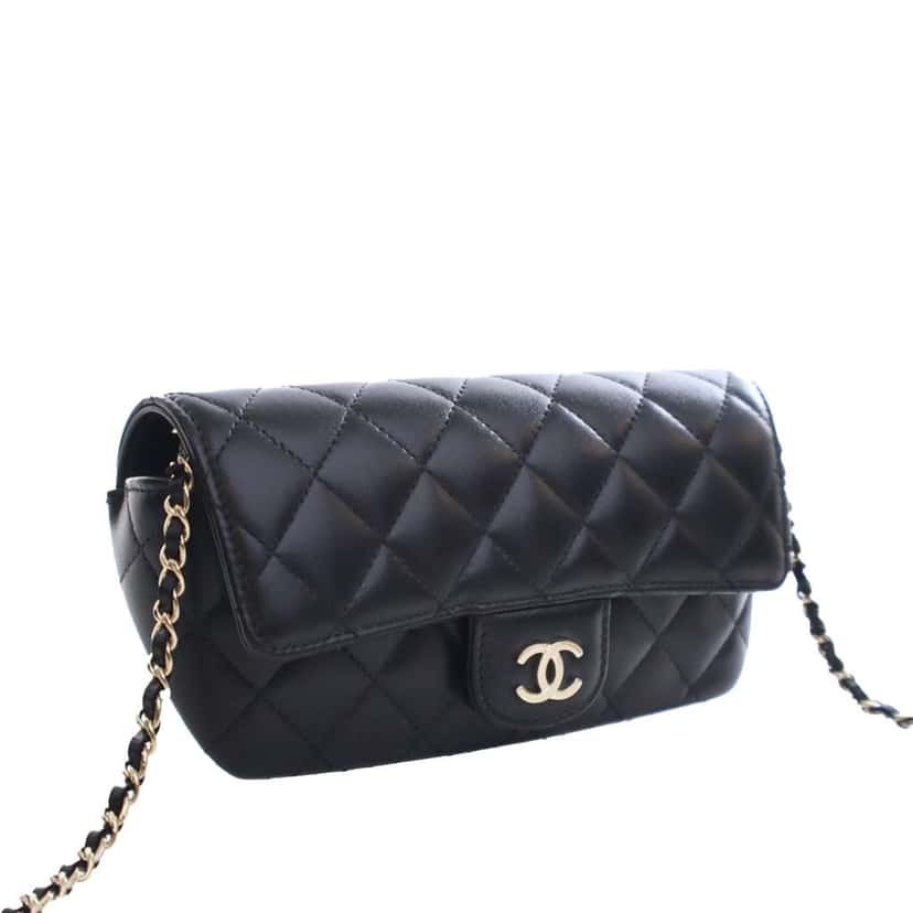 Chanel Quilted Lambskin Classic Glasses Case on Chain Black Leather Good condition - Back View