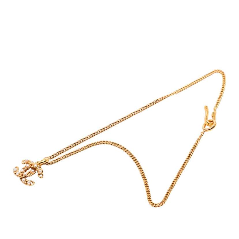 Chanel Gold Plated Faux Pearl CC Pendant Necklace Gold Metal Good condition - Front View