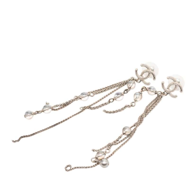 Chanel Gold Plated CC Faux Pearl Chain Drop Push Back Earrings Gold Metal Good condition - Front View