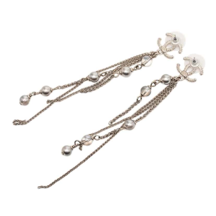 Chanel Gold Plated CC Faux Pearl Chain Drop Push Back Earrings Gold Metal Good condition - Back View