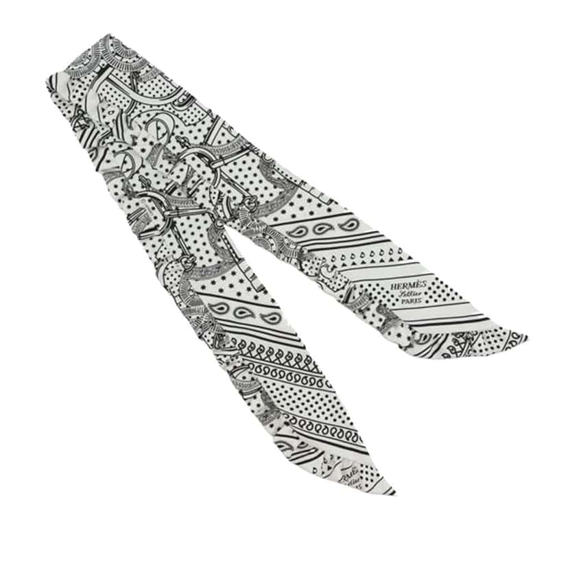 Hermès Eperon d Or Bandana Ruffled Twilly Silk Scarf White Silk Good condition - Front View
