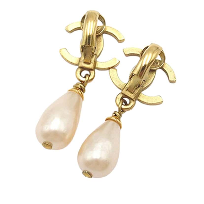 Chanel CC Gold Plated Faux Pearl Drop Clip on Earrings Gold Metal Good condition - Back View