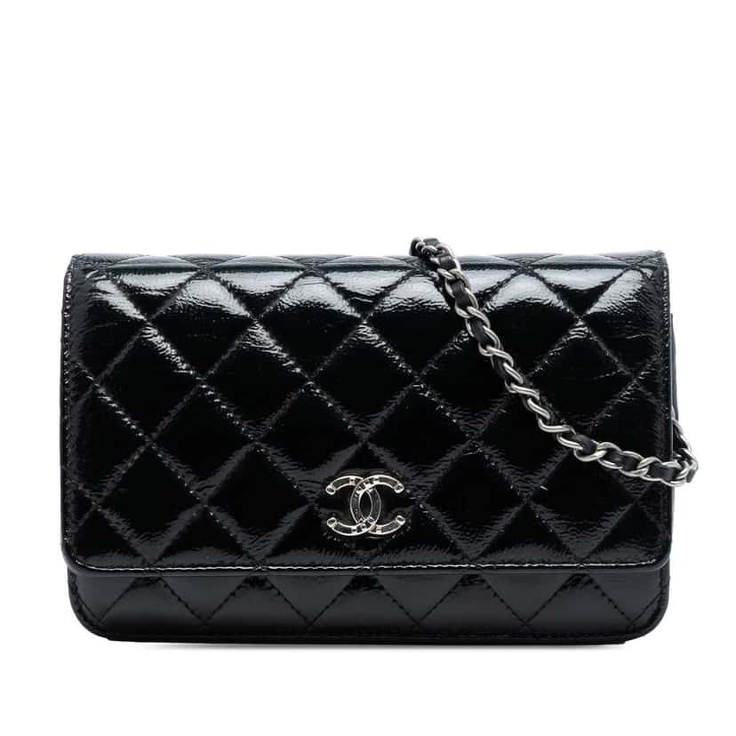Chanel CC Quilted Patent Wallet On Chain Black Leather Good condition - Front View