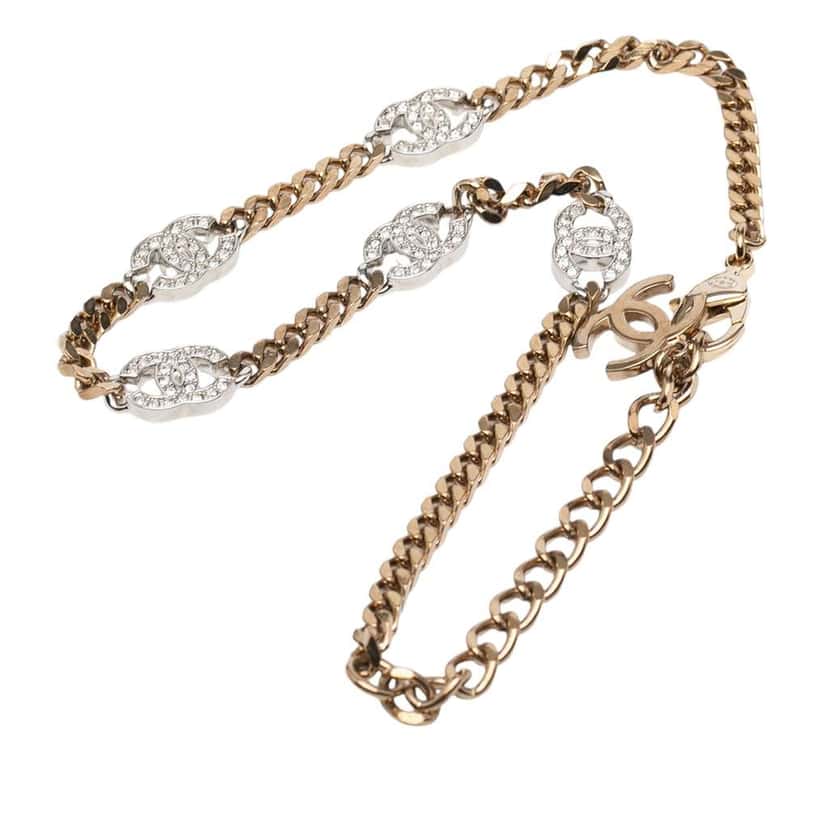 Chanel Silver Plated Rhinestone CC Choker Necklace Silver Metal Good condition - Inside View