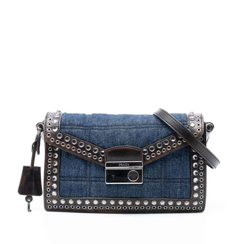 Prada Studded Denim Sound Lock Crossbody Blue Denim Very good condition - Front View