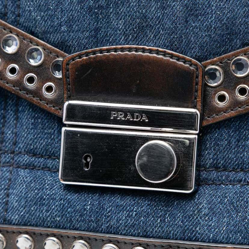 Prada Studded Denim Sound Lock Crossbody Blue Denim Very good condition - Box View
