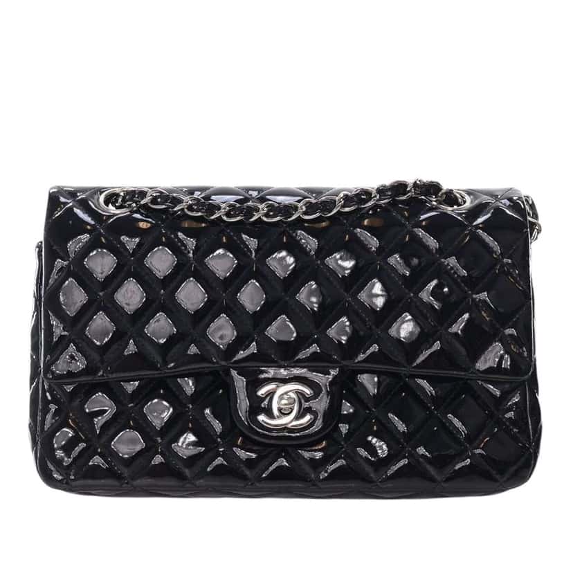 Chanel Medium Classic Patent Double Flap Black Leather Good condition - Front View