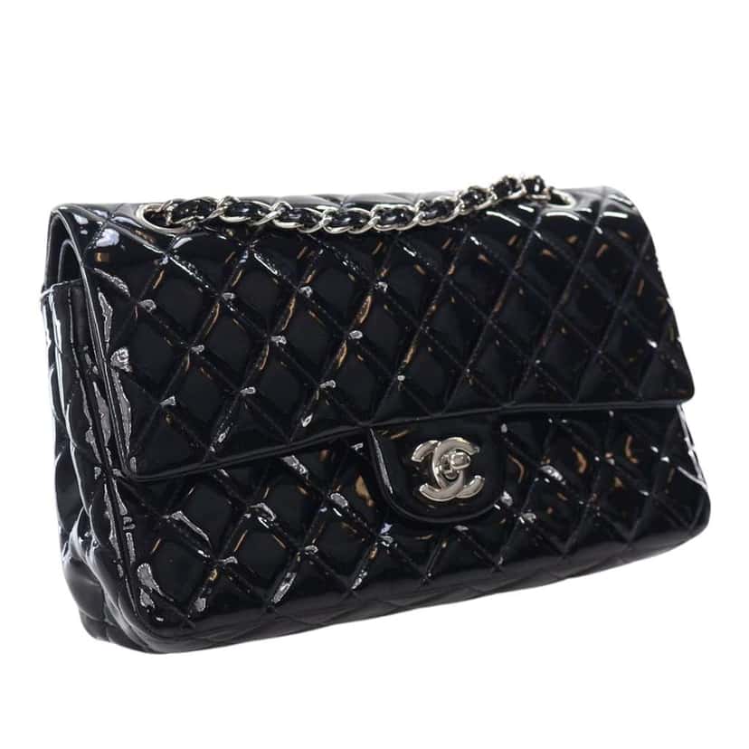 Chanel Medium Classic Patent Double Flap Black Leather Good condition - Back View