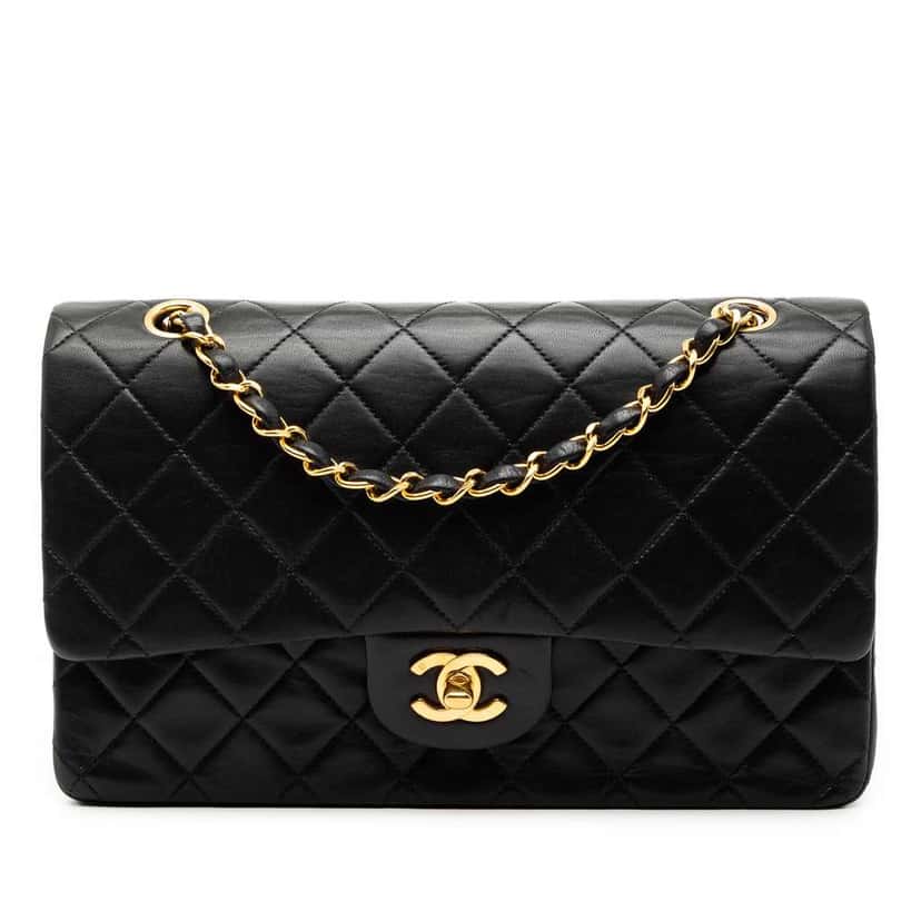 Chanel Medium Classic Lambskin Double Flap Black Leather Good condition - Front View