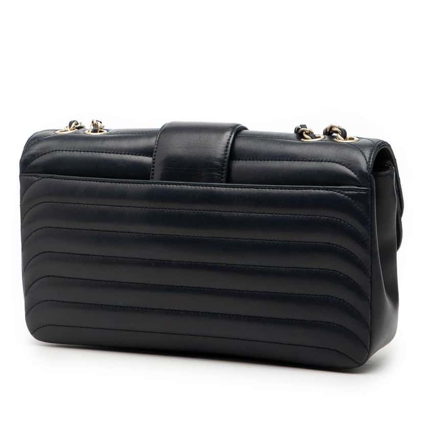 Chanel CC Horizontal Quilted Lambskin Double Flap Blue Leather Good condition - Back View