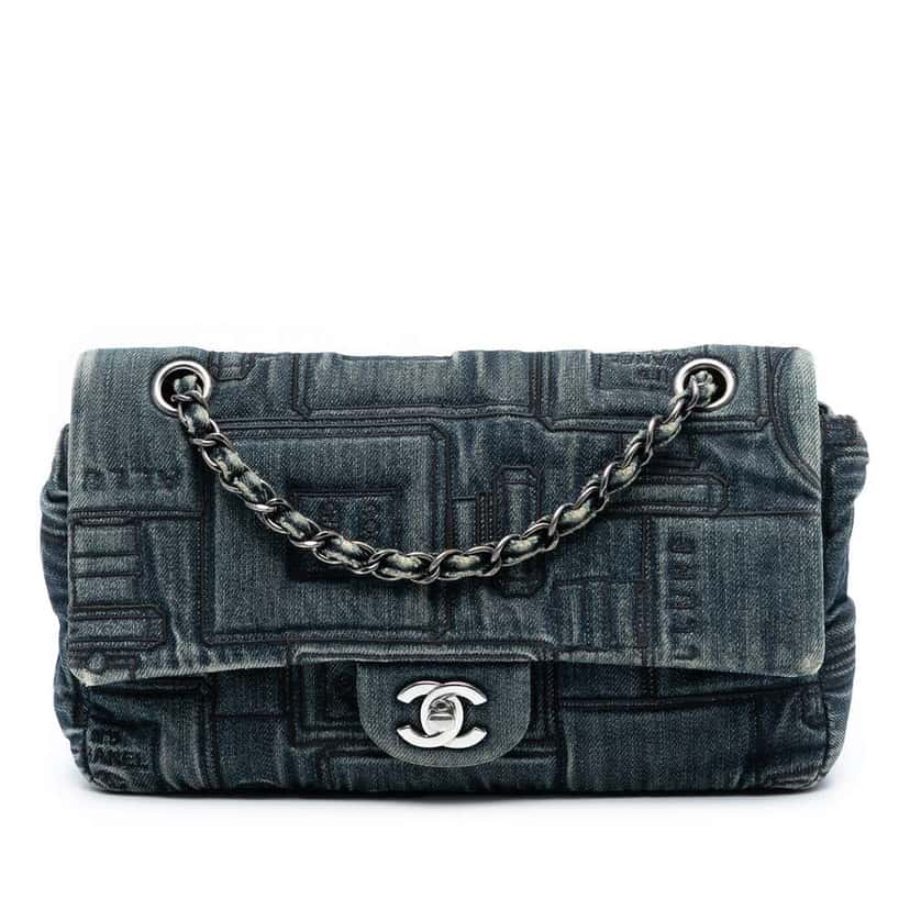Chanel Medium Embroidered Denim Perfume Bottle Single Flap Blue Denim Good condition - Front View