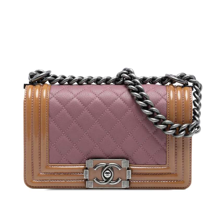 Chanel Small Quilted Goatskin and Patent Duo Boy Flap Pink Leather Good condition - Front View