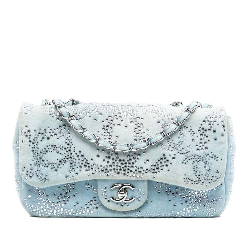 Chanel Medium CC Quilted Denim Crystal Embellished Single Flap Blue Denim Fair condition - Front View