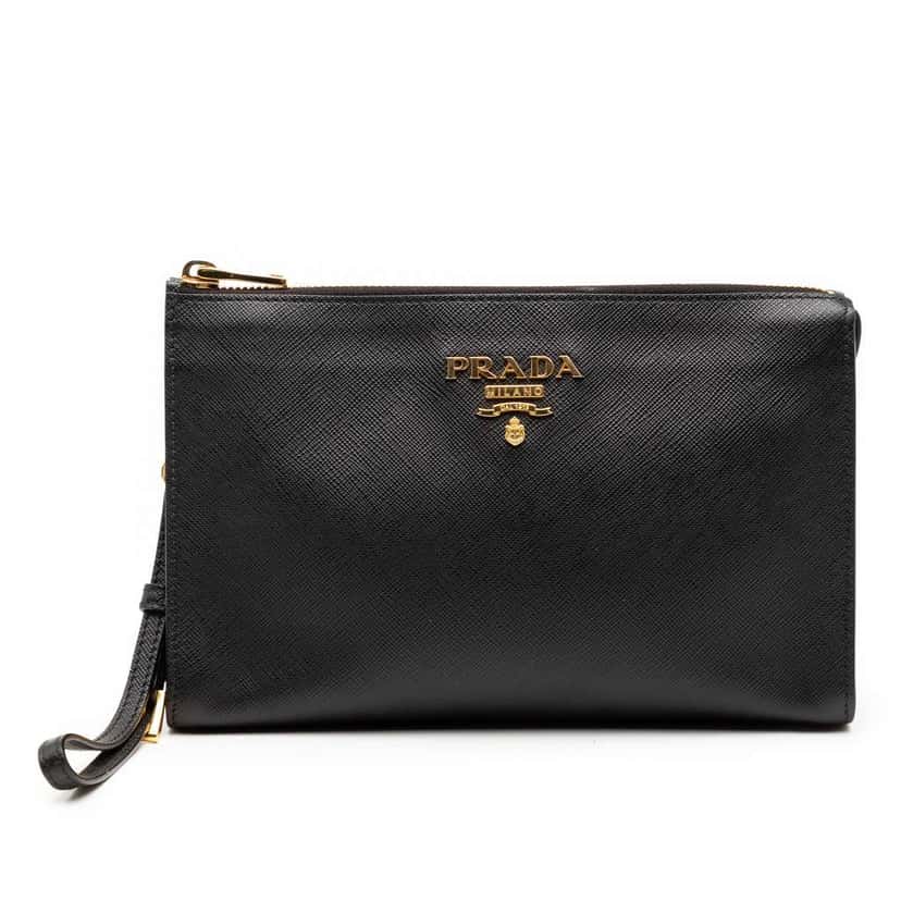 Prada Saffiano Wristlet Pouch Black Leather Good condition - Front View
