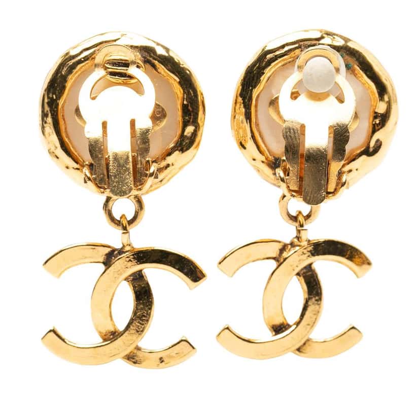 Chanel Gold Plated Faux Pearl CC Drop Clip On Earrings Gold Metal Good condition - Back View