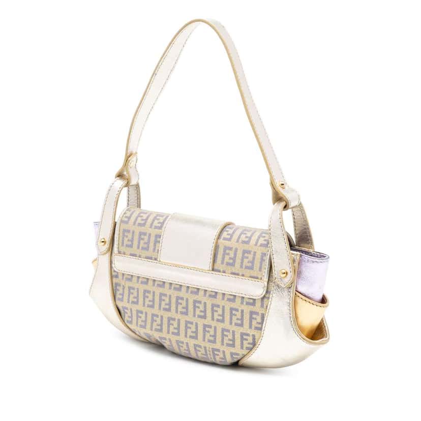 Fendi Zucchino Coated Canvas and Metallic Leather Compilation Shoulder Bag Gold Canvas Good condition - Back View