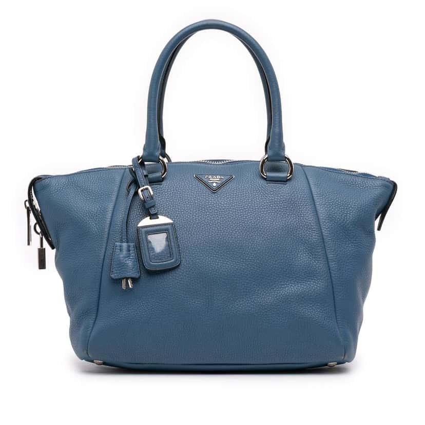 Prada Vitello Daino Double Handle Satchel Blue Leather Very good condition - Front View