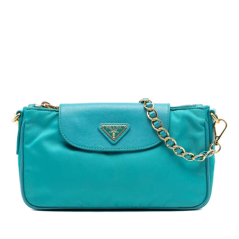 Prada Saffiano Trimmed Tessuto Chain Crossbody Blue Good condition - Front View