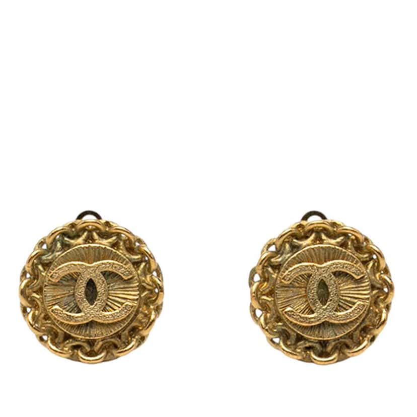 Chanel Gold Plated CC Chain Round Clip On Earrings Gold Metal Very good condition - Front View