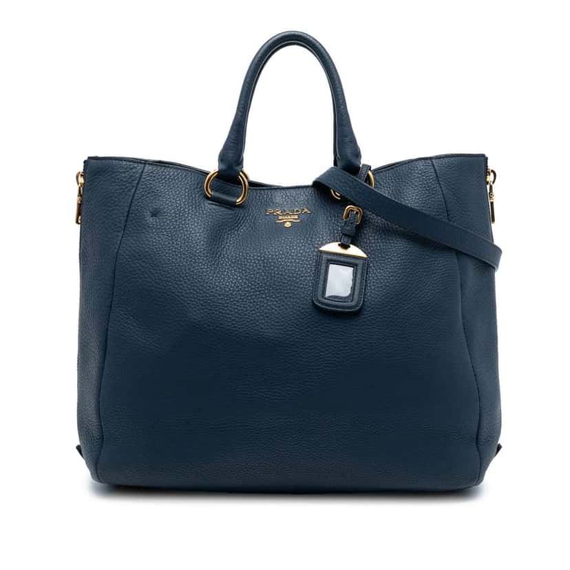 Prada Vitello Daino Side Zip Convertible Tote Blue Leather Good condition - Front View