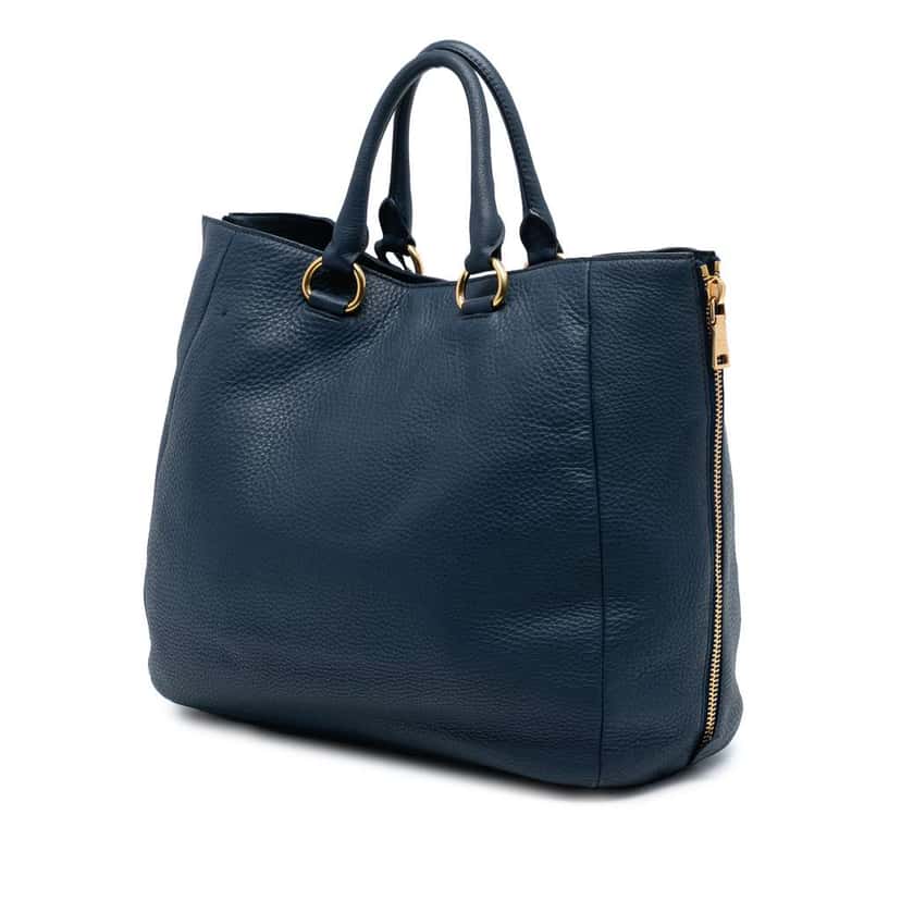 Prada Vitello Daino Side Zip Convertible Tote Blue Leather Good condition - Back View