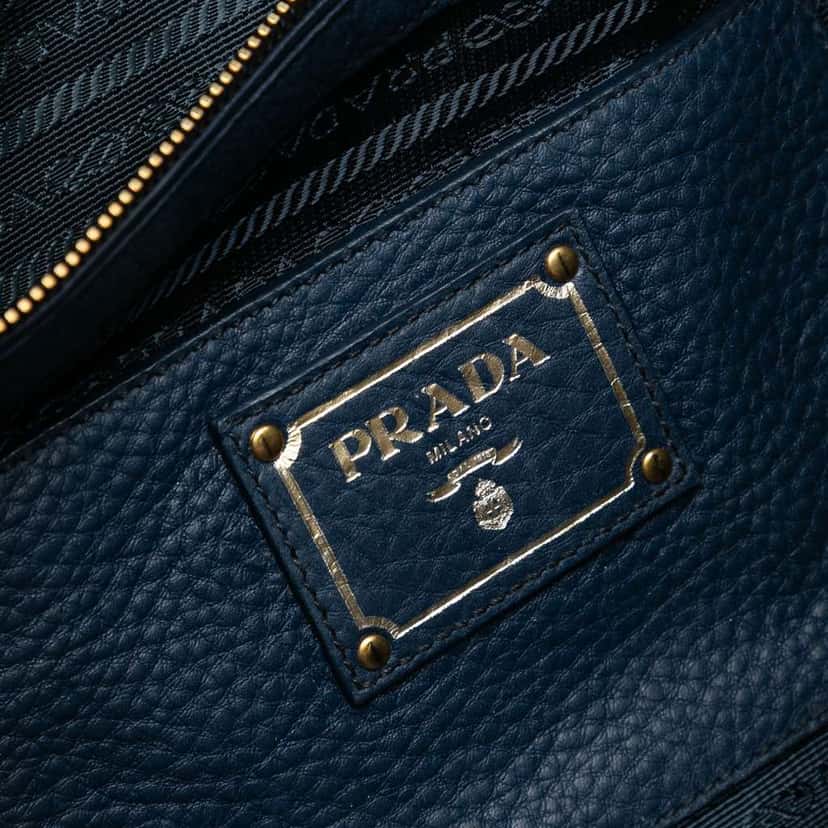 Prada Vitello Daino Side Zip Convertible Tote Blue Leather Good condition - Box View