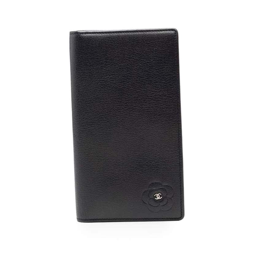 Chanel CC Calfskin Camellia Long Wallet Black Leather Good condition - Front View