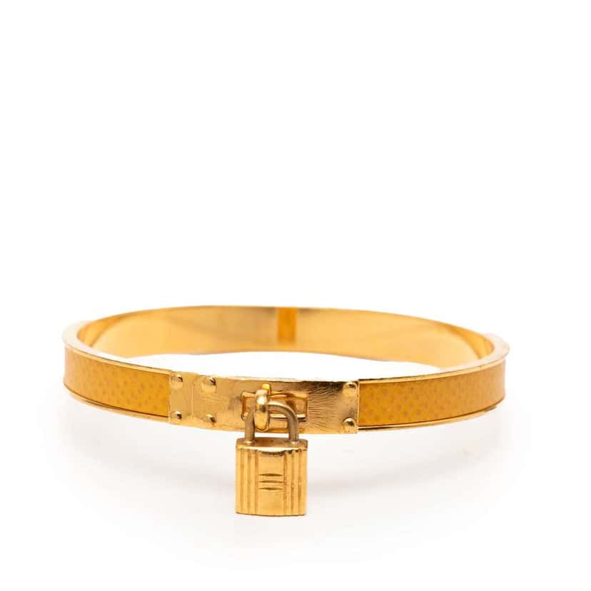 Hermès Gold Plated Epsom Kelly Cadena Lock Bangle Bracelet Yellow Leather Good condition - Front View