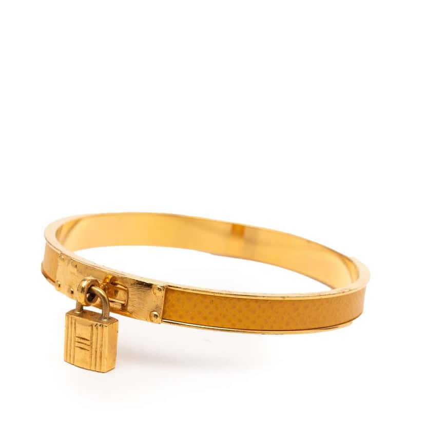 Hermès Gold Plated Epsom Kelly Cadena Lock Bangle Bracelet Yellow Leather Good condition - Back View