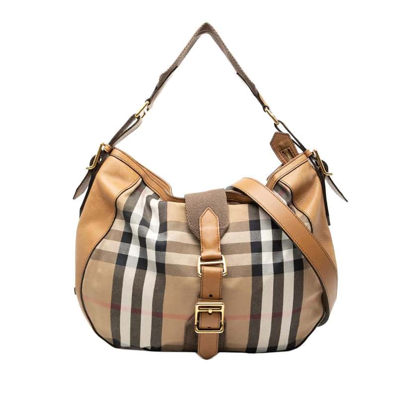 Burberry Medium House Check Canvas Ashwood Hobo Brown Canvas Good condition - Front View