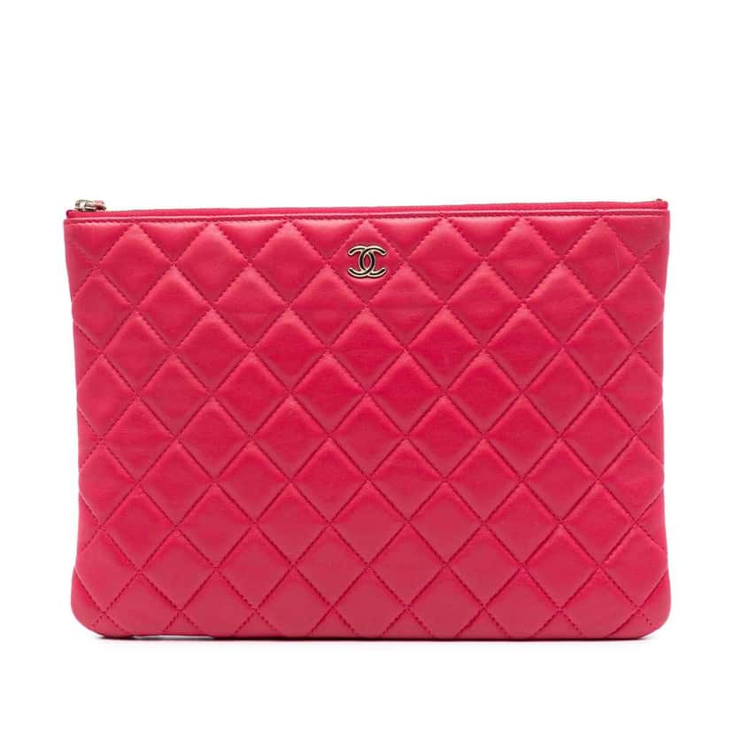 Chanel Medium Quilted Lambskin O Case Clutch Pink Leather Very good condition - Front View