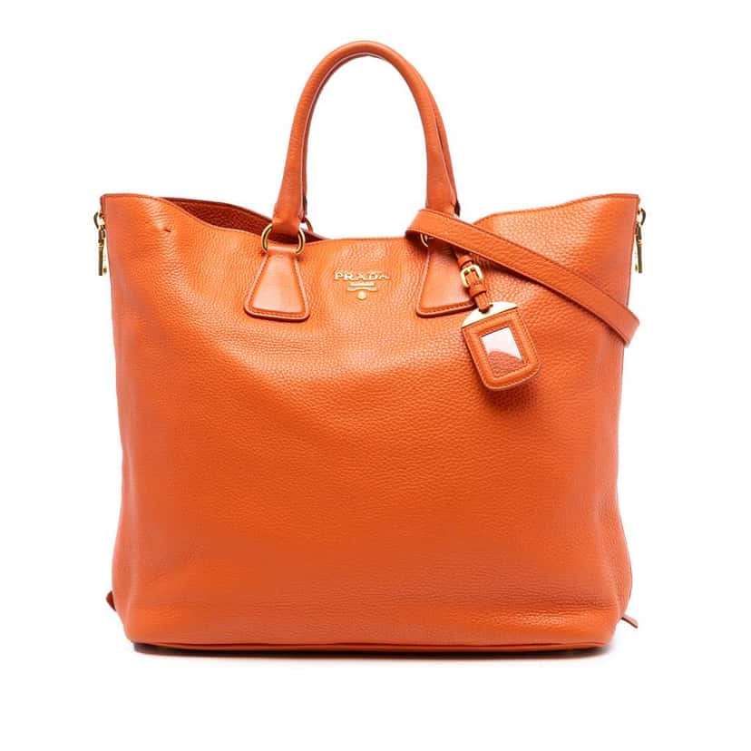 Prada Vitello Daino Side Zip Convertible Tote Orange Leather Good condition - Front View