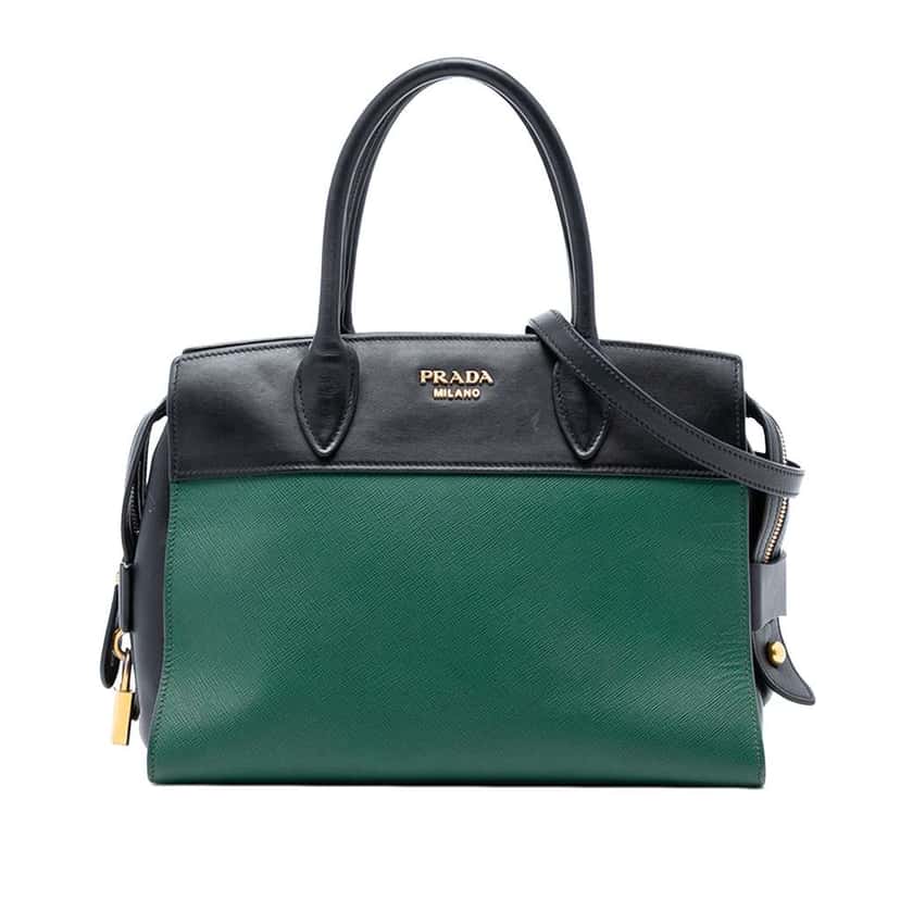 Prada Saffiano and City Calf Esplanade Satchel Green Leather Very good condition - Front View