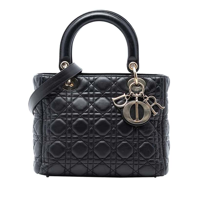 Dior Medium Lambskin Cannage Lady Dior Black Leather Good condition - Front View