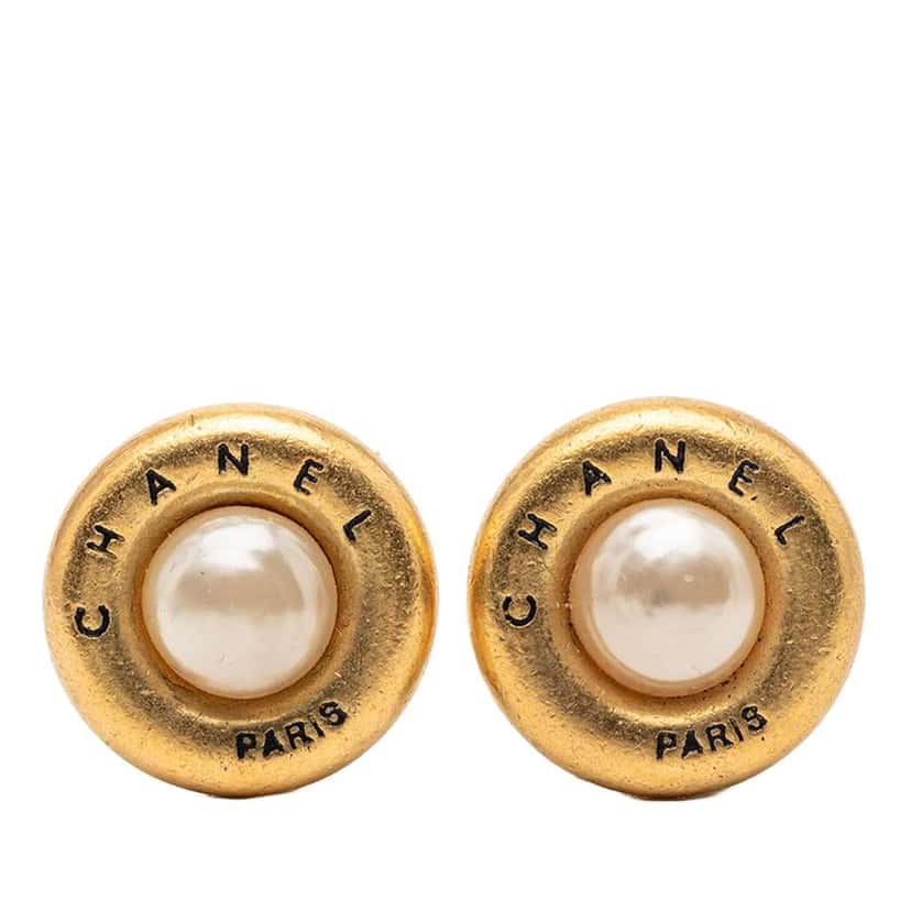 Chanel Gold Plated Faux Pearl Logo Round Clip on Earrings Gold Metal Good condition - Front View