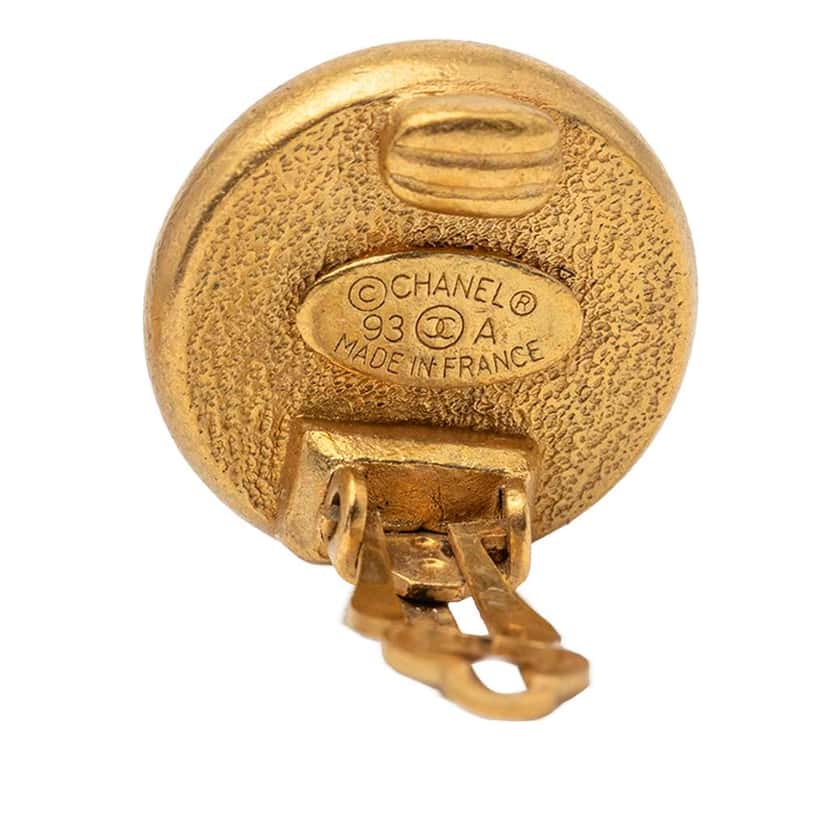 Chanel Gold Plated Faux Pearl Logo Round Clip on Earrings Gold Metal Good condition - Inside View