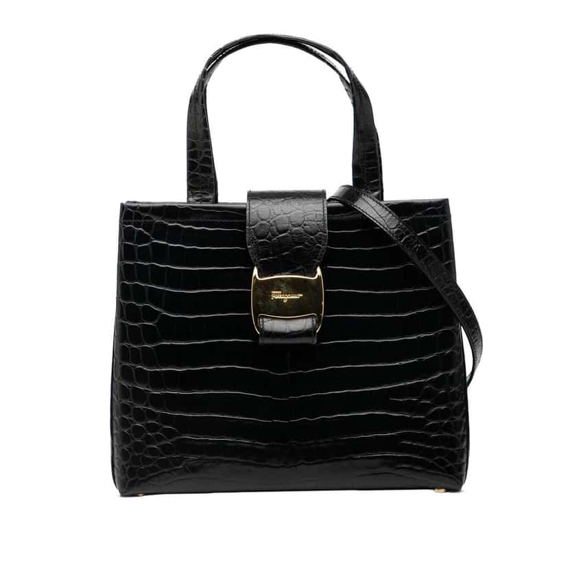 Salvatore Ferragamo Croc Embossed Leather Vara Bow Satchel Black Leather Good condition - Front View