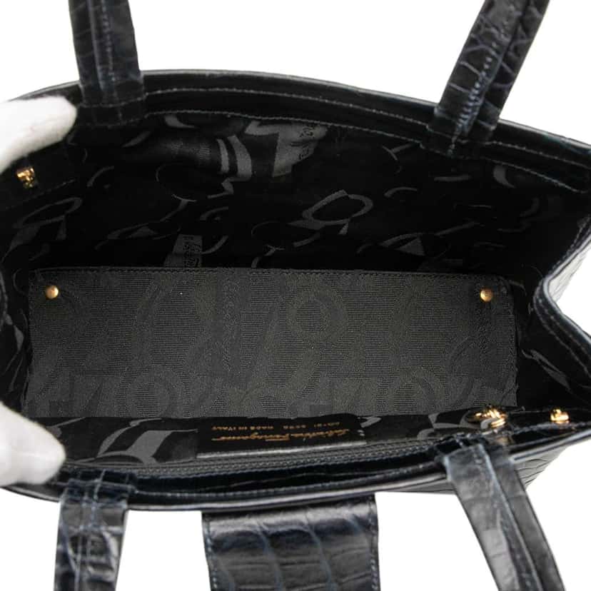 Salvatore Ferragamo Croc Embossed Leather Vara Bow Satchel Black Leather Good condition - Model View