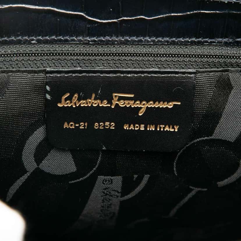 Salvatore Ferragamo Croc Embossed Leather Vara Bow Satchel Black Leather Good condition - Box View