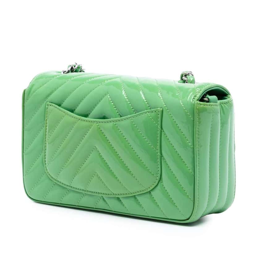 Chanel Mini Rectangular Classic Chevron Patent Single Flap Green Leather Good condition - Back View