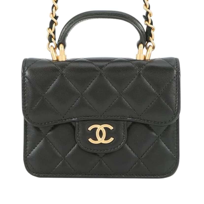 Chanel CC Quilted Lambskin Top Handle Flap Coin Purse with Chain Black Leather Good condition - Front View