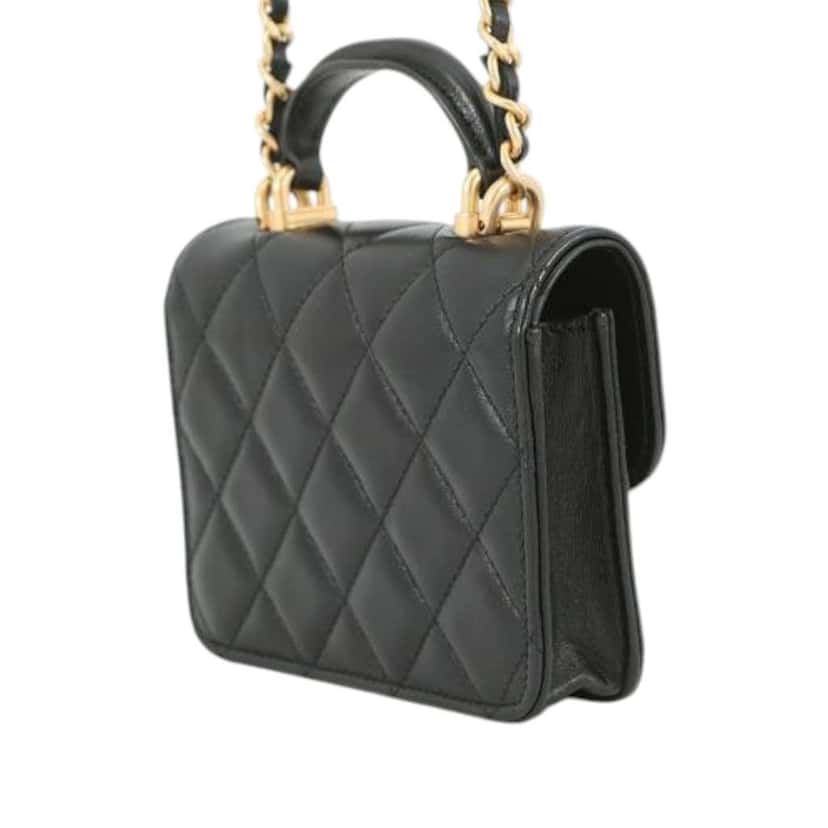 Chanel CC Quilted Lambskin Top Handle Flap Coin Purse with Chain Black Leather Good condition - Back View