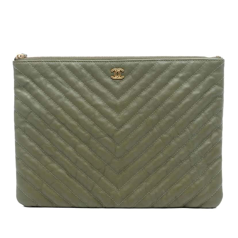 Chanel Medium Chevron Caviar O Case Clutch Green Leather Good condition - Front View