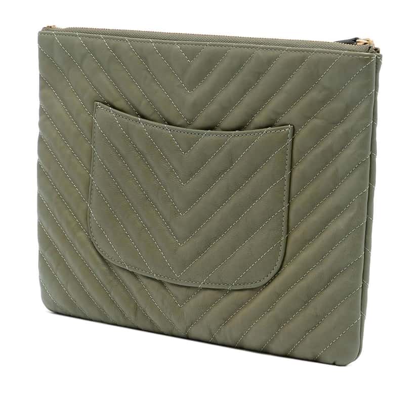 Chanel Medium Chevron Caviar O Case Clutch Green Leather Good condition - Back View