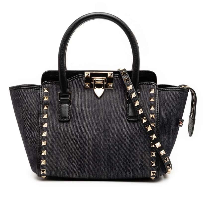 Valentino Small Denim Rockstud Trapeze Satchel Black Denim Good condition - Front View