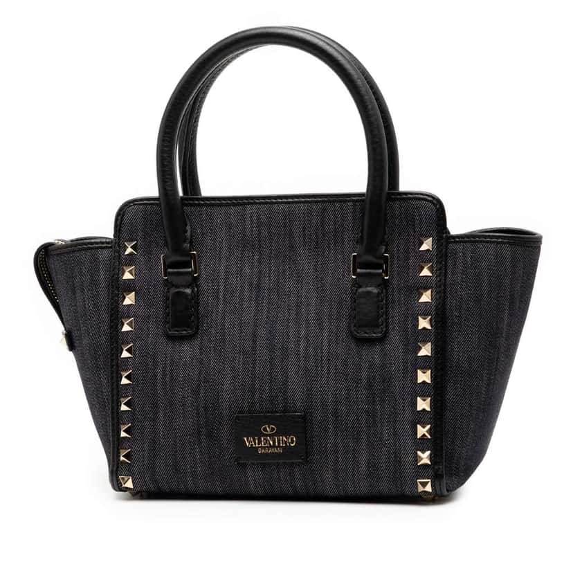 Valentino Small Denim Rockstud Trapeze Satchel Black Denim Good condition - Back View